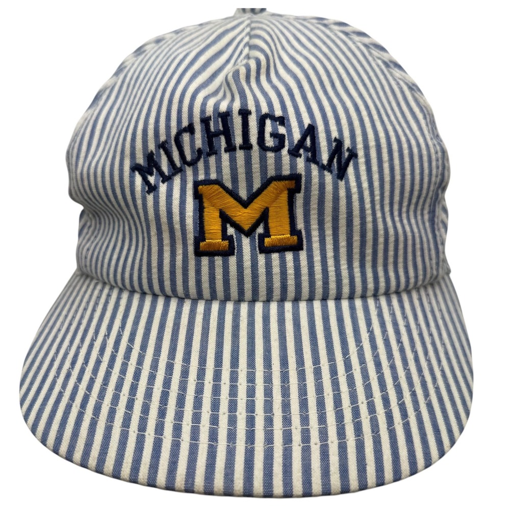Vintage Michigan Wolverines Hickory Stripe Snapback Hat Blue‎ White Made in USA